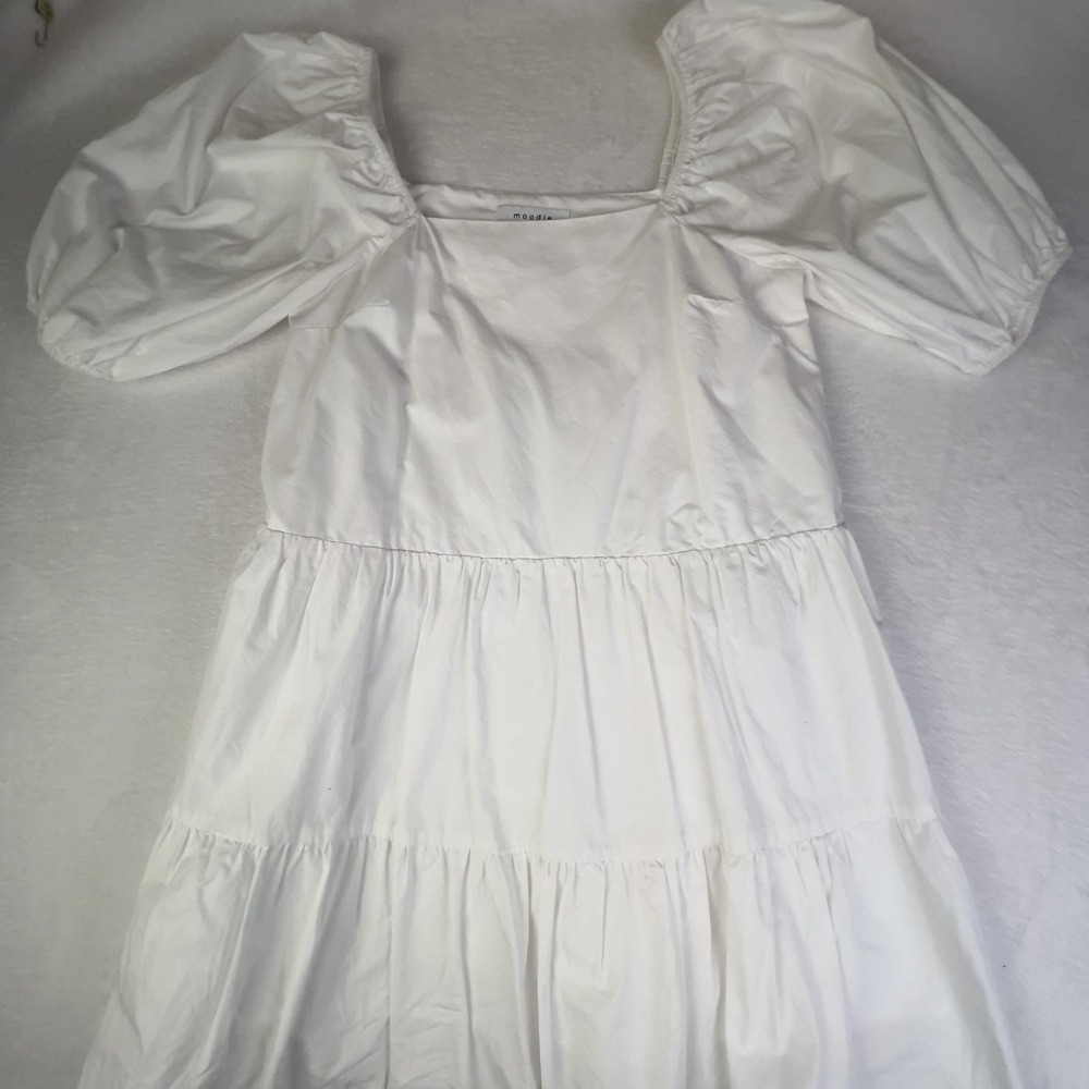 Moodie Dress‎ Womens Small White Puff Sleeve Square Neck Tiered Swing Casual